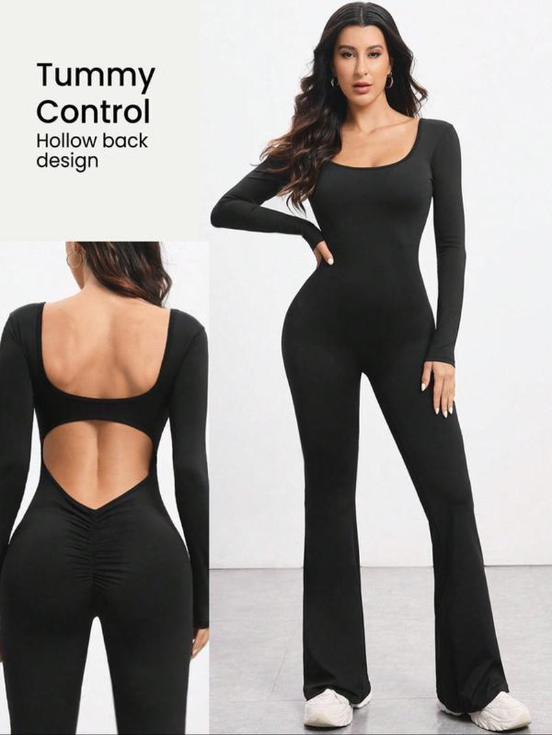 Women'S Solid Backless Scoop Neck Flare Leg Sports Jumpsuit, Casual Exercise Comfy High Stretch Seamless Bell Bottom Jumpsuit for Yoga Gym Workout, Jumpsuit for Women, Ladies Sportswear for All Seasons, Athleisure Style Long Sleeve Clothing