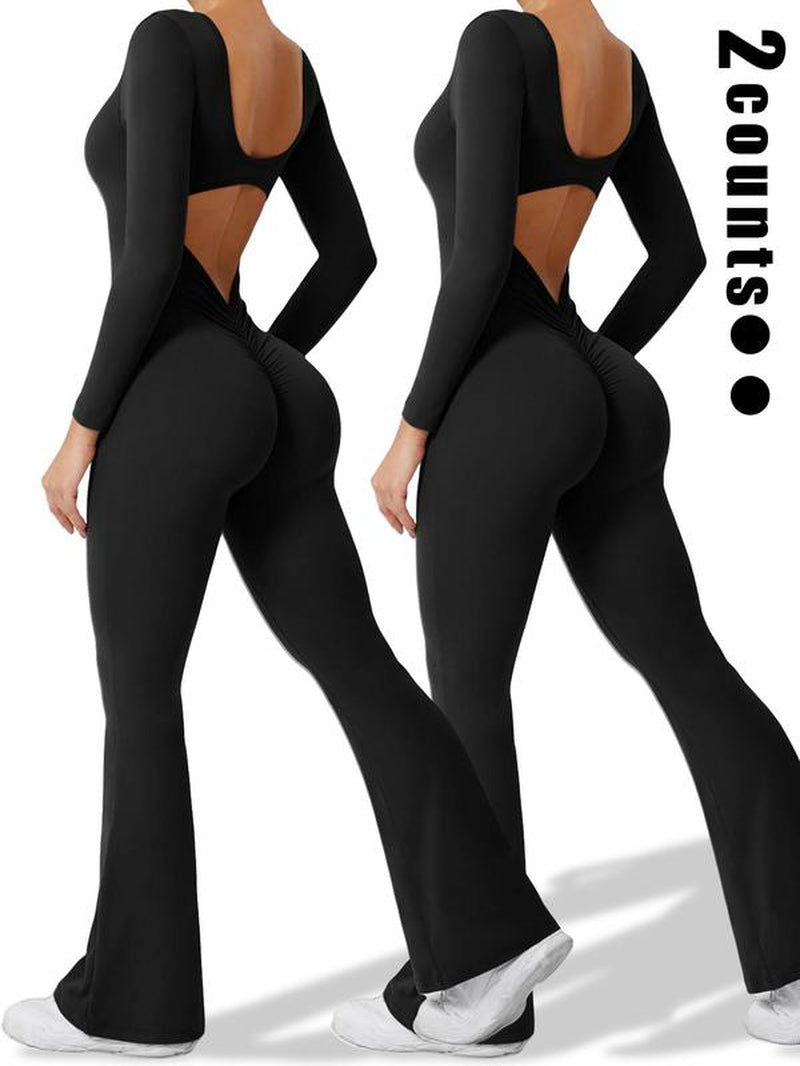 Women'S Solid Backless Scoop Neck Flare Leg Sports Jumpsuit, Casual Exercise Comfy High Stretch Seamless Bell Bottom Jumpsuit for Yoga Gym Workout, Jumpsuit for Women, Ladies Sportswear for All Seasons, Athleisure Style Long Sleeve Clothing