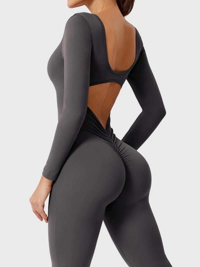 Women'S Solid Backless Scoop Neck Flare Leg Sports Jumpsuit, Casual Exercise Comfy High Stretch Seamless Bell Bottom Jumpsuit for Yoga Gym Workout, Jumpsuit for Women, Ladies Sportswear for All Seasons, Athleisure Style Long Sleeve Clothing