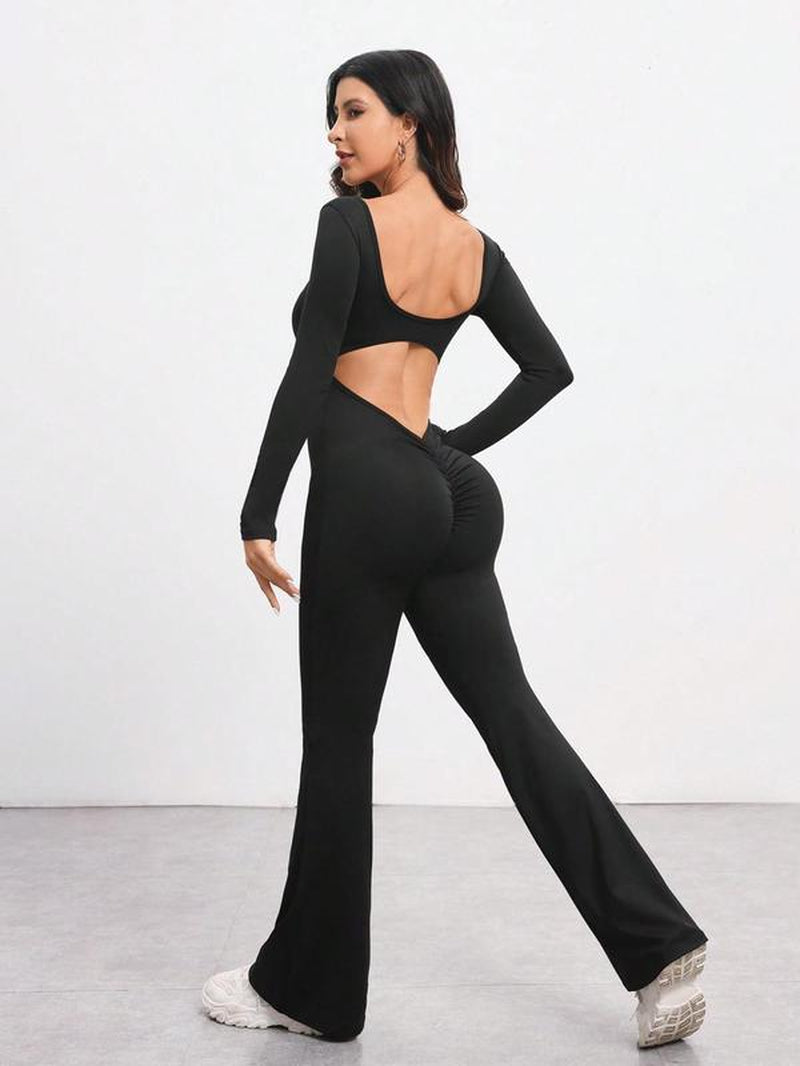 Women'S Solid Backless Scoop Neck Flare Leg Sports Jumpsuit, Casual Exercise Comfy High Stretch Seamless Bell Bottom Jumpsuit for Yoga Gym Workout, Jumpsuit for Women, Ladies Sportswear for All Seasons, Athleisure Style Long Sleeve Clothing