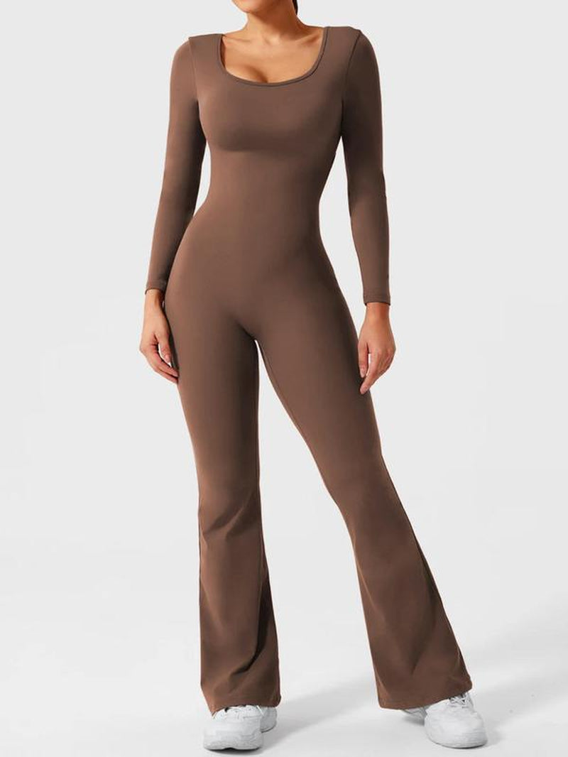 Women'S Solid Backless Scoop Neck Flare Leg Sports Jumpsuit, Casual Exercise Comfy High Stretch Seamless Bell Bottom Jumpsuit for Yoga Gym Workout, Jumpsuit for Women, Ladies Sportswear for All Seasons, Athleisure Style Long Sleeve Clothing