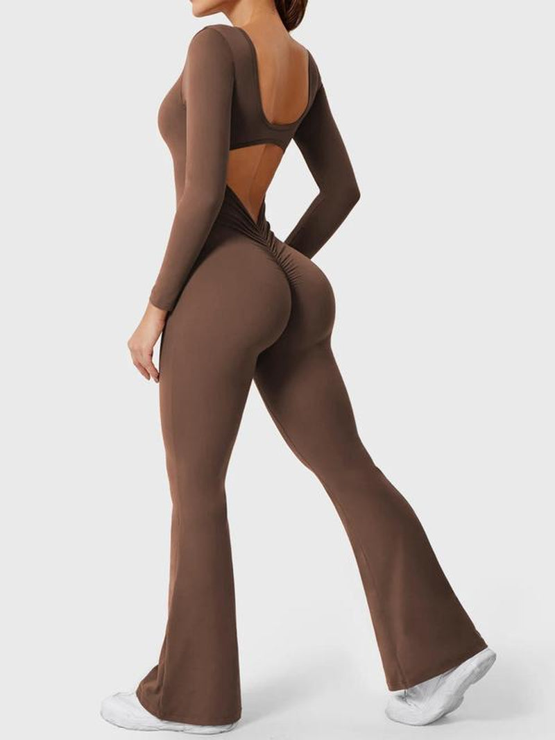 Women'S Solid Backless Scoop Neck Flare Leg Sports Jumpsuit, Casual Exercise Comfy High Stretch Seamless Bell Bottom Jumpsuit for Yoga Gym Workout, Jumpsuit for Women, Ladies Sportswear for All Seasons, Athleisure Style Long Sleeve Clothing