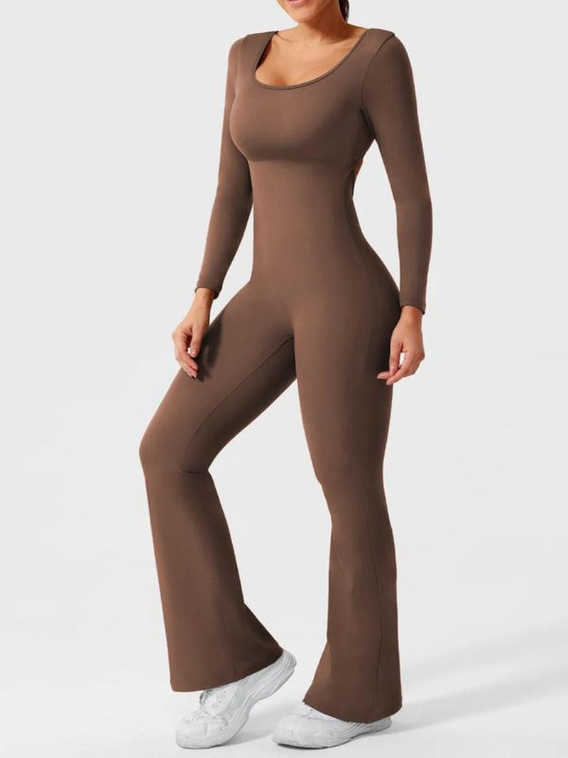 Women'S Solid Backless Scoop Neck Flare Leg Sports Jumpsuit, Casual Exercise Comfy High Stretch Seamless Bell Bottom Jumpsuit for Yoga Gym Workout, Jumpsuit for Women, Ladies Sportswear for All Seasons, Athleisure Style Long Sleeve Clothing