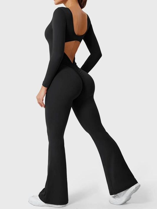 Women'S Solid Backless Scoop Neck Flare Leg Sports Jumpsuit, Casual Exercise Comfy High Stretch Seamless Bell Bottom Jumpsuit for Yoga Gym Workout, Jumpsuit for Women, Ladies Sportswear for All Seasons, Athleisure Style Long Sleeve Clothing