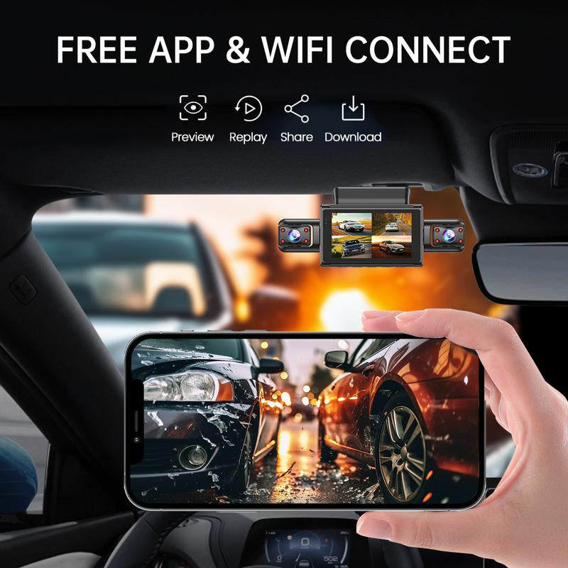 4-Lens Car Camera with 64GB Memory Card, Car DVR 3.0 Inch Night View Car Recorder, Wifi Car Dashcam, 1 Set 360° Swivel Camera, Car Accessories