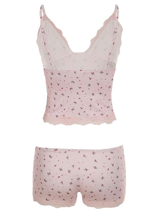 Women'S All over Ditsy Floral Print Cami Crop Top & Lace Trim Shorts Two-Piece Set, Casual Spaghetti Strap Top & Shorts, Ladies Summer Clothes, Womenswear, Curvy Clothing, Outfit, Soft Comfy Lingerie, Breathable Lingerie, Adjustable Strap Lingerie Sets