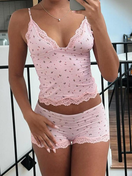 Women'S All over Ditsy Floral Print Cami Crop Top & Lace Trim Shorts Two-Piece Set, Casual Spaghetti Strap Top & Shorts, Ladies Summer Clothes, Womenswear, Curvy Clothing, Outfit, Soft Comfy Lingerie, Breathable Lingerie, Adjustable Strap Lingerie Sets