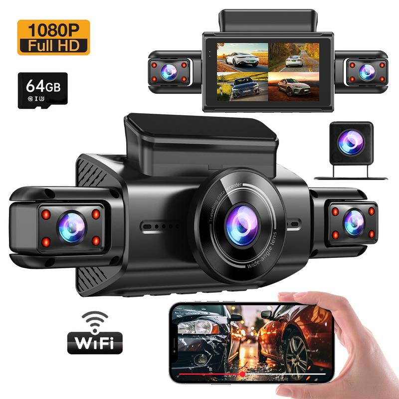 4-Lens Car Camera with 64GB Memory Card, Car DVR 3.0 Inch Night View Car Recorder, Wifi Car Dashcam, 1 Set 360° Swivel Camera, Car Accessories