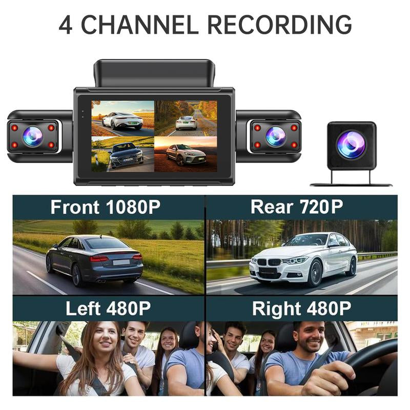 4-Lens Car Camera with 64GB Memory Card, Car DVR 3.0 Inch Night View Car Recorder, Wifi Car Dashcam, 1 Set 360° Swivel Camera, Car Accessories