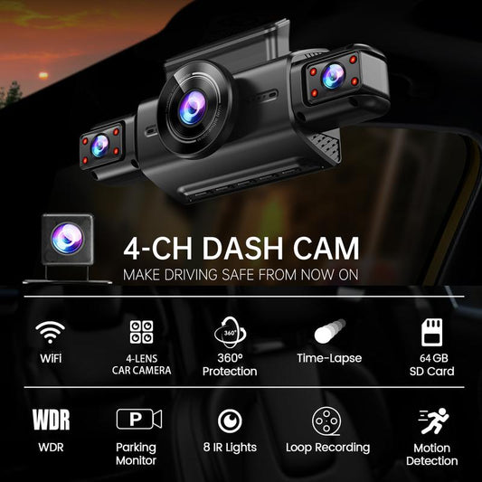 4-Lens Car Camera with 64GB Memory Card, Car DVR 3.0 Inch Night View Car Recorder, Wifi Car Dashcam, 1 Set 360° Swivel Camera, Car Accessories