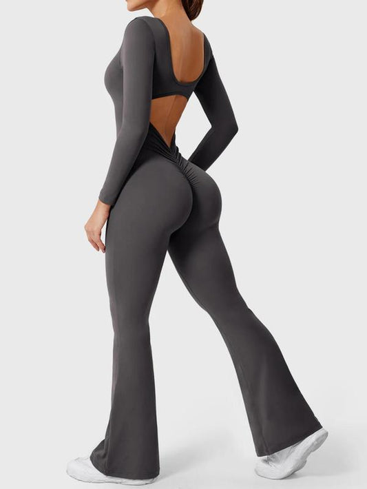 Women'S Solid Backless Scoop Neck Flare Leg Sports Jumpsuit, Casual Exercise Comfy High Stretch Seamless Bell Bottom Jumpsuit for Yoga Gym Workout, Jumpsuit for Women, Ladies Sportswear for All Seasons, Athleisure Style Long Sleeve Clothing